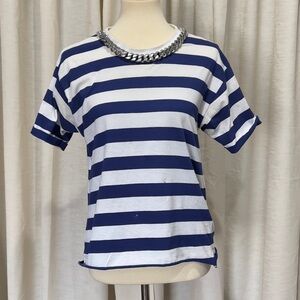 Sandro Striped Blue White Chain Detail T-shirt Top Sz 2